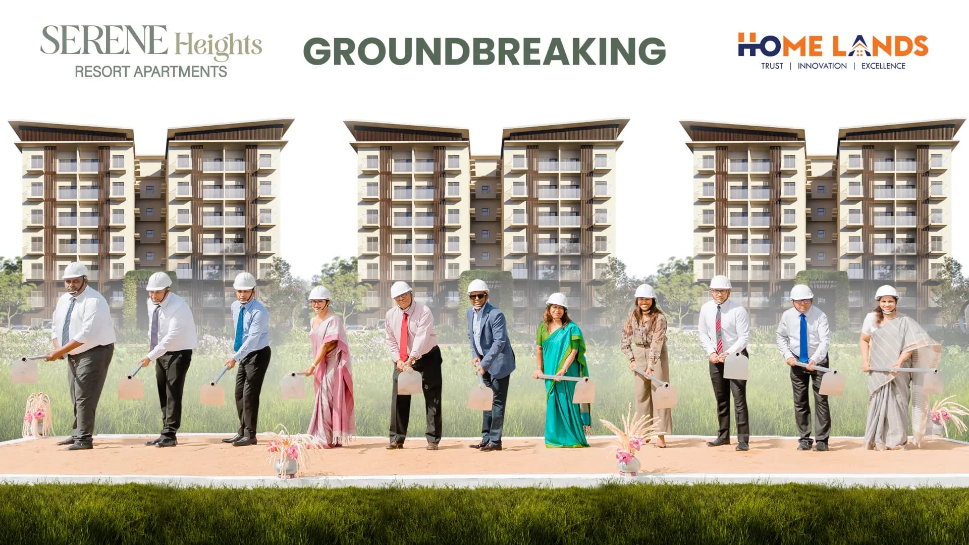 Groundbreaking ceremony for Serene Heights Resort Apartments; people in hard hats dig with shovels in front of multi-story buildings.