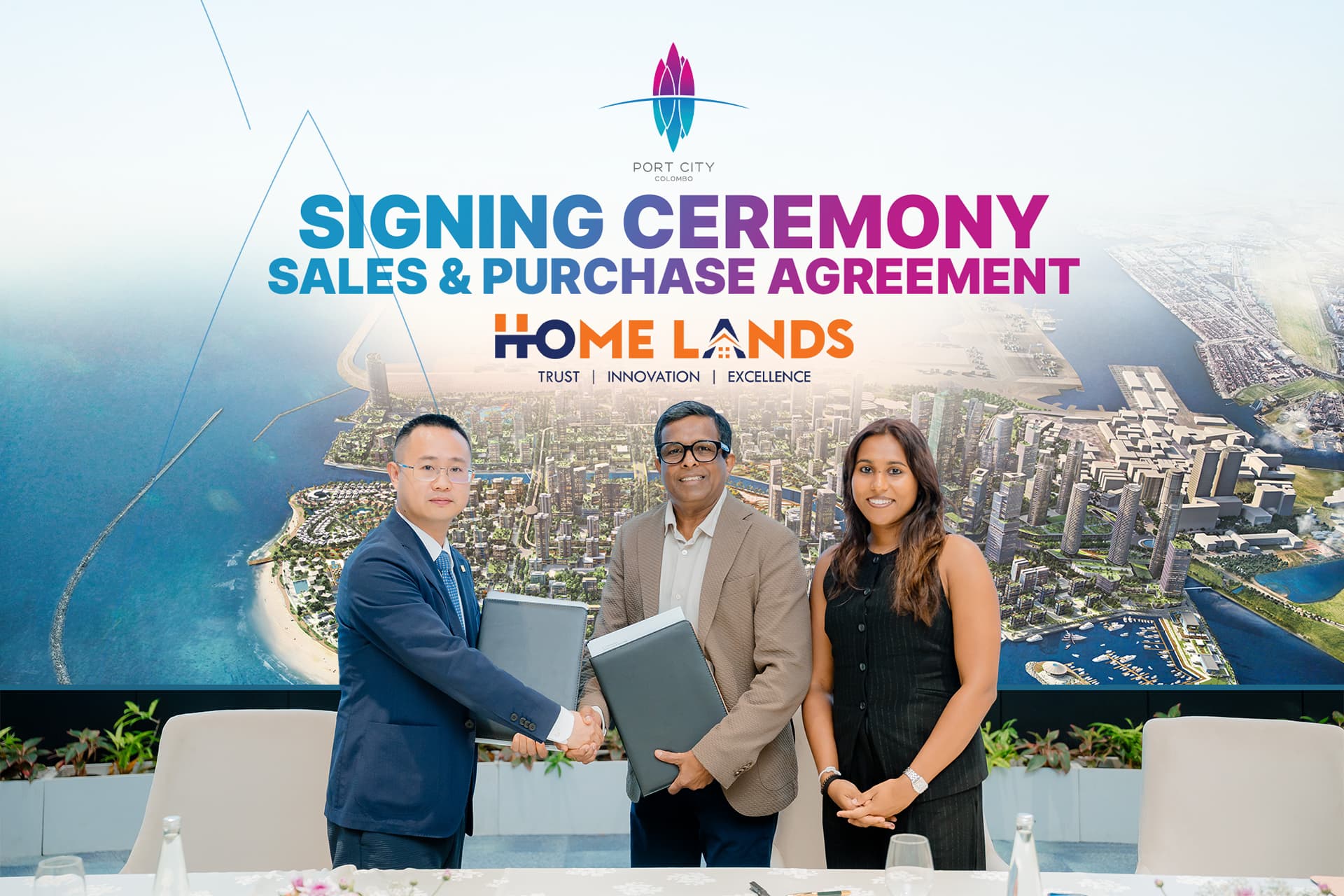 Three professionals shake hands at a signing ceremony in front of a cityscape mural backdrop.