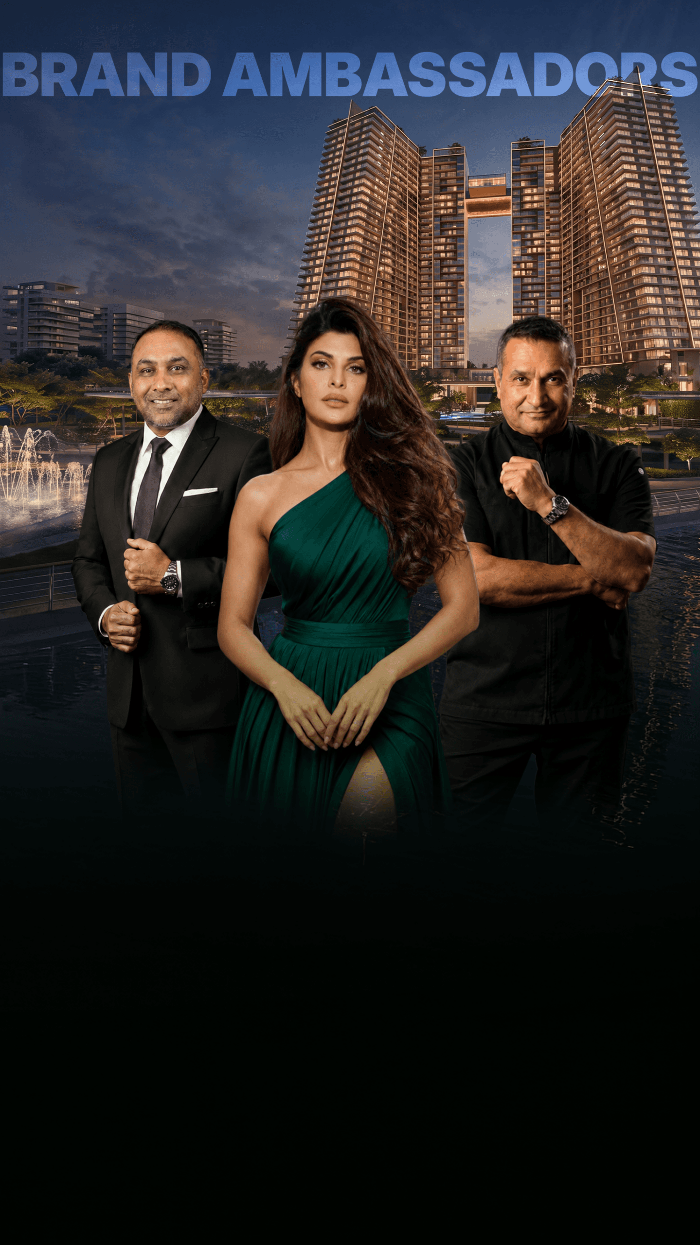 Three brand ambassadors pose in front of a night-time urban skyline, with a 'BRAND AMBASSADORS' banner overhead.